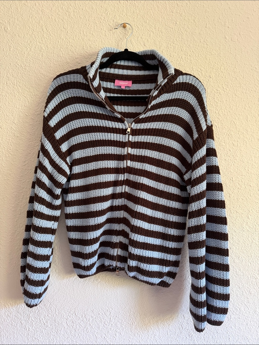 Edikted Brown & Light Blue Striped Zip Sweater
